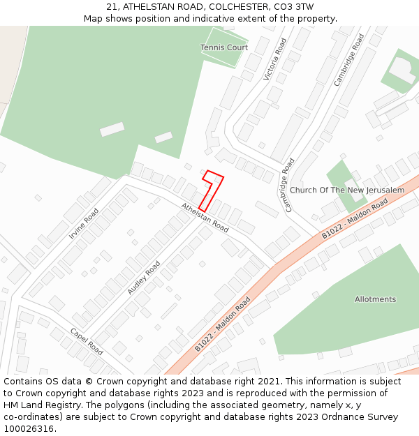21, ATHELSTAN ROAD, COLCHESTER, CO3 3TW: Location map and indicative extent of plot