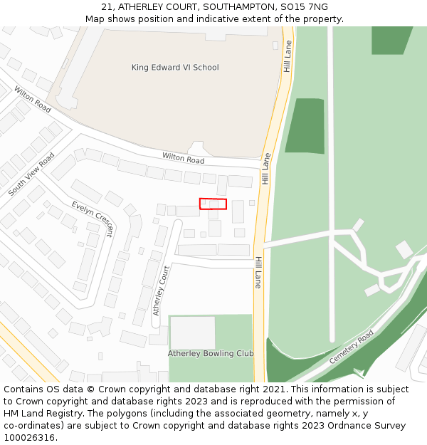 21, ATHERLEY COURT, SOUTHAMPTON, SO15 7NG: Location map and indicative extent of plot