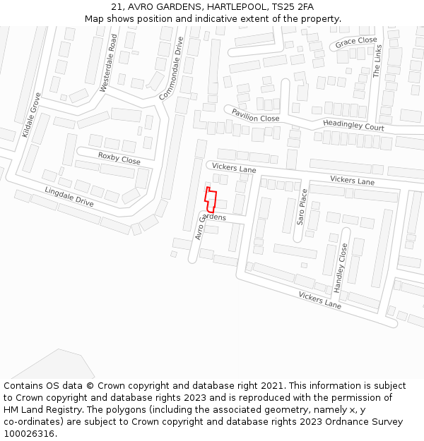 21, AVRO GARDENS, HARTLEPOOL, TS25 2FA: Location map and indicative extent of plot
