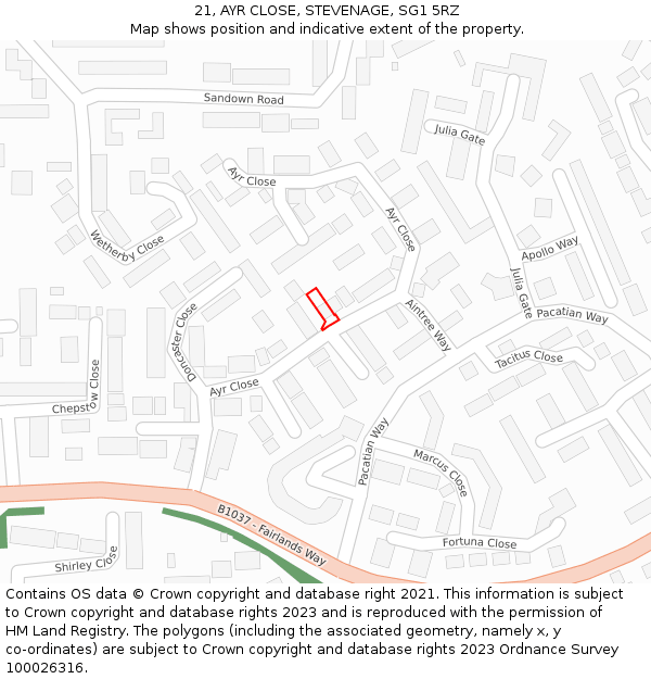21, AYR CLOSE, STEVENAGE, SG1 5RZ: Location map and indicative extent of plot