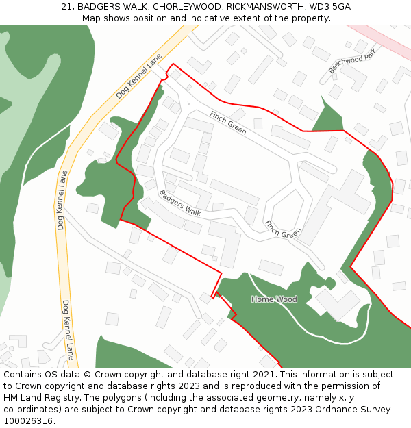 21, BADGERS WALK, CHORLEYWOOD, RICKMANSWORTH, WD3 5GA: Location map and indicative extent of plot