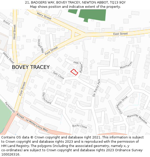 21, BADGERS WAY, BOVEY TRACEY, NEWTON ABBOT, TQ13 9QY: Location map and indicative extent of plot