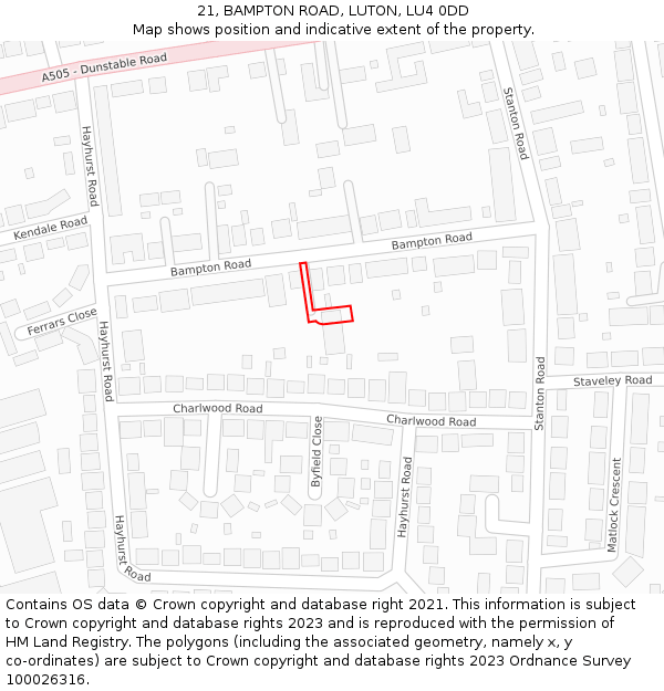 21, BAMPTON ROAD, LUTON, LU4 0DD: Location map and indicative extent of plot