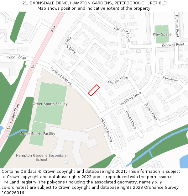 21, BARNSDALE DRIVE, HAMPTON GARDENS, PETERBOROUGH, PE7 8LD: Location map and indicative extent of plot