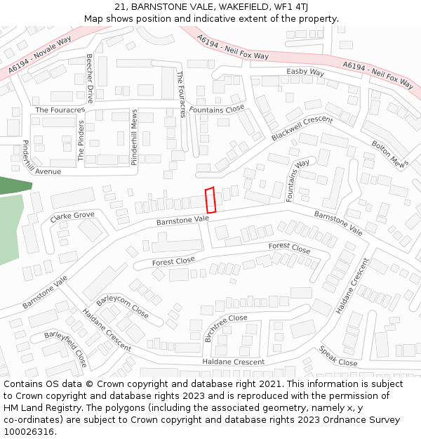 21, BARNSTONE VALE, WAKEFIELD, WF1 4TJ: Location map and indicative extent of plot
