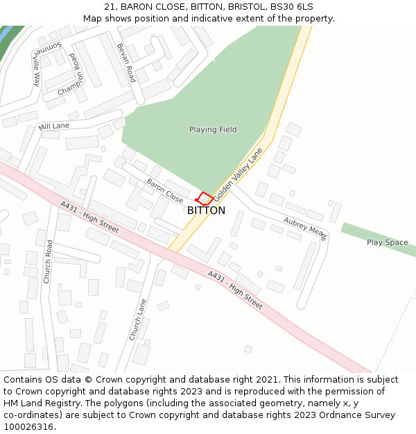 21, BARON CLOSE, BITTON, BRISTOL, BS30 6LS: Location map and indicative extent of plot