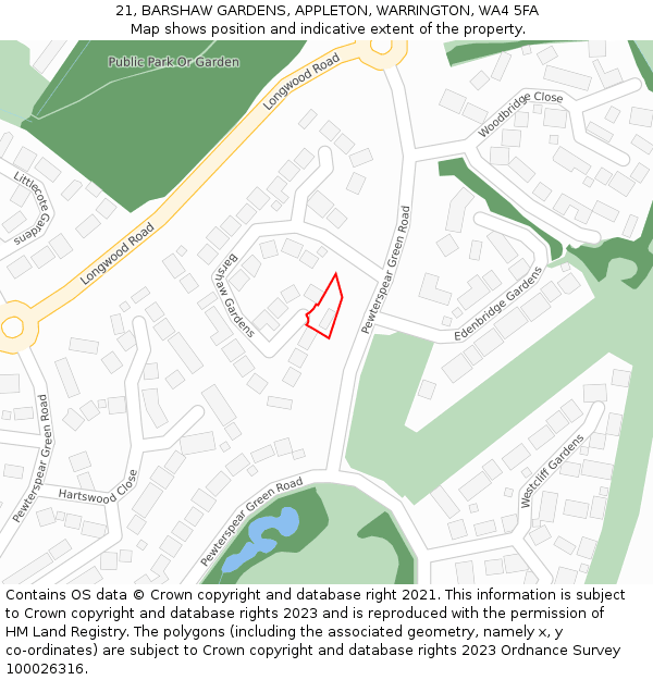 21, BARSHAW GARDENS, APPLETON, WARRINGTON, WA4 5FA: Location map and indicative extent of plot