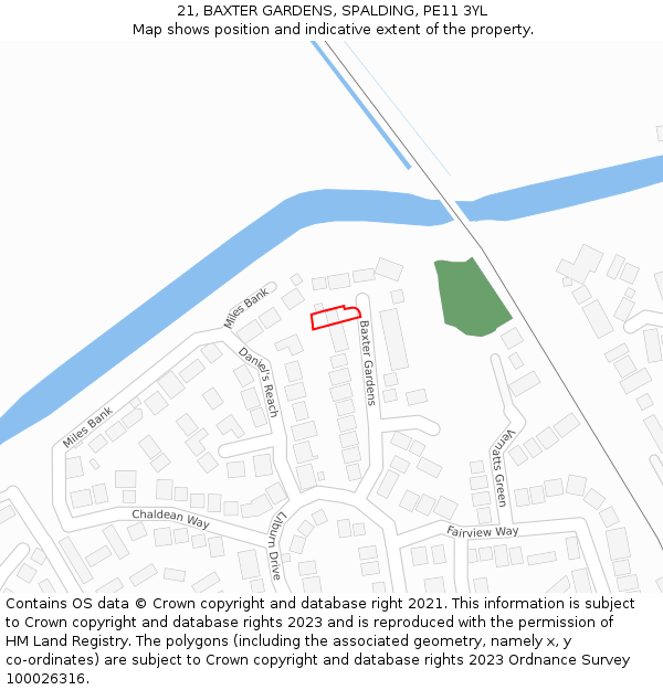21, BAXTER GARDENS, SPALDING, PE11 3YL: Location map and indicative extent of plot