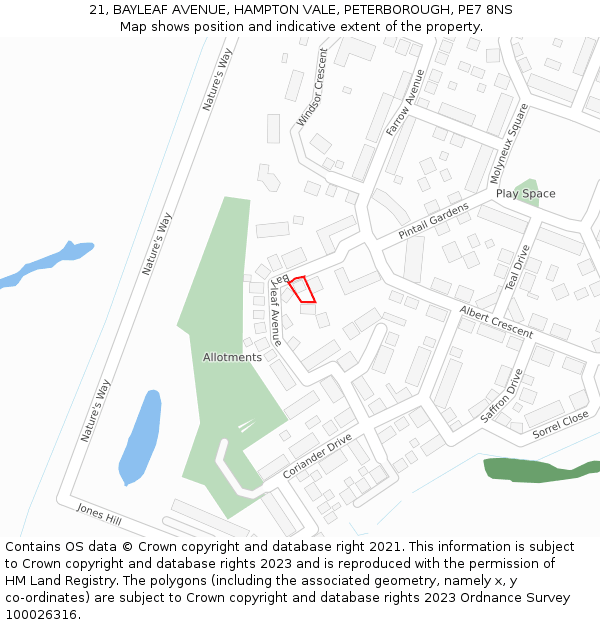 21, BAYLEAF AVENUE, HAMPTON VALE, PETERBOROUGH, PE7 8NS: Location map and indicative extent of plot