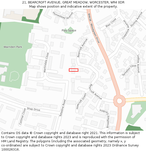 21, BEARCROFT AVENUE, GREAT MEADOW, WORCESTER, WR4 0DR: Location map and indicative extent of plot