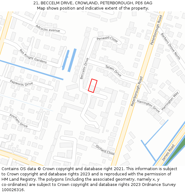 21, BECCELM DRIVE, CROWLAND, PETERBOROUGH, PE6 0AG: Location map and indicative extent of plot
