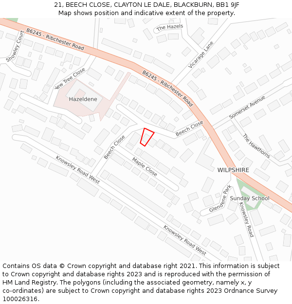 21, BEECH CLOSE, CLAYTON LE DALE, BLACKBURN, BB1 9JF: Location map and indicative extent of plot