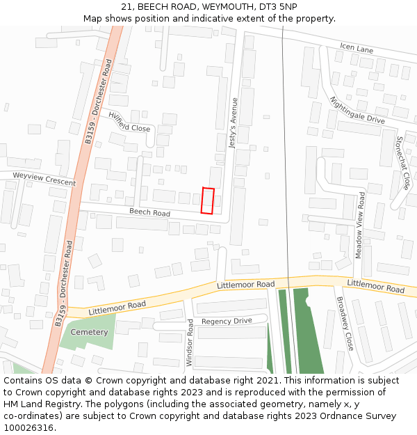 21, BEECH ROAD, WEYMOUTH, DT3 5NP: Location map and indicative extent of plot