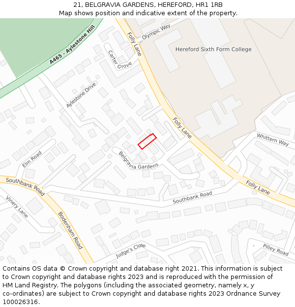 21, BELGRAVIA GARDENS, HEREFORD, HR1 1RB: Location map and indicative extent of plot