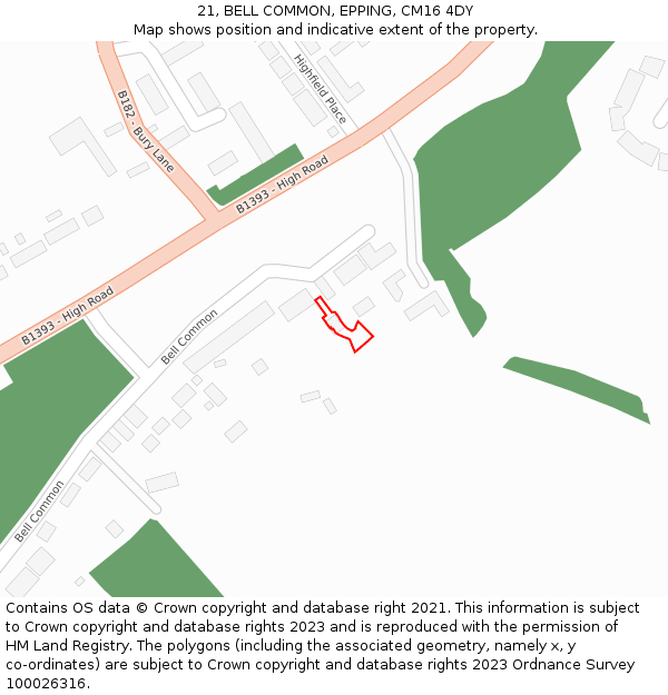 21, BELL COMMON, EPPING, CM16 4DY: Location map and indicative extent of plot