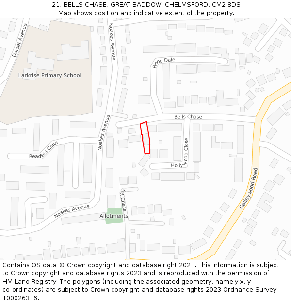 21, BELLS CHASE, GREAT BADDOW, CHELMSFORD, CM2 8DS: Location map and indicative extent of plot