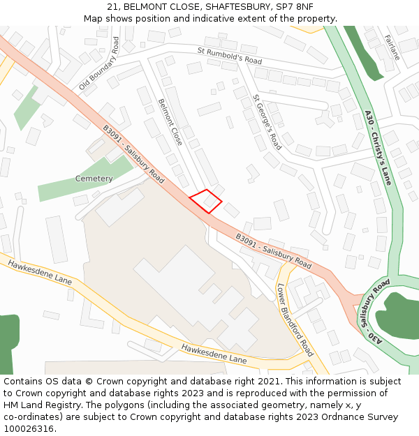 21, BELMONT CLOSE, SHAFTESBURY, SP7 8NF: Location map and indicative extent of plot