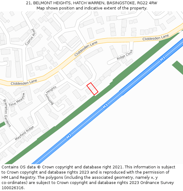 21, BELMONT HEIGHTS, HATCH WARREN, BASINGSTOKE, RG22 4RW: Location map and indicative extent of plot