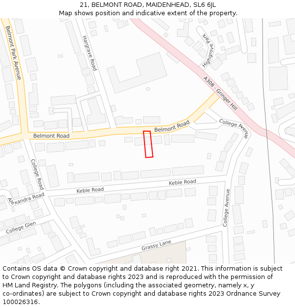 21, BELMONT ROAD, MAIDENHEAD, SL6 6JL: Location map and indicative extent of plot