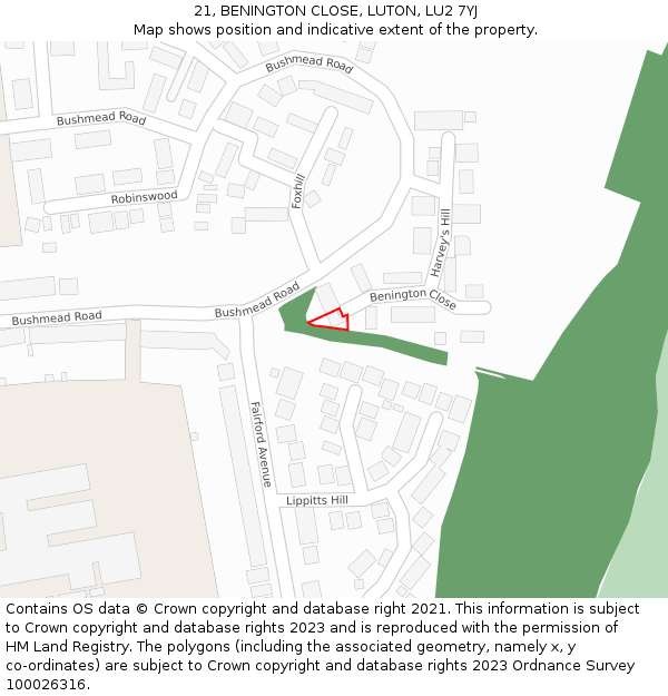 21, BENINGTON CLOSE, LUTON, LU2 7YJ: Location map and indicative extent of plot