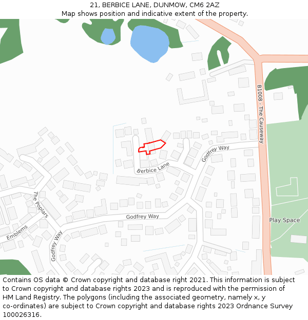 21, BERBICE LANE, DUNMOW, CM6 2AZ: Location map and indicative extent of plot