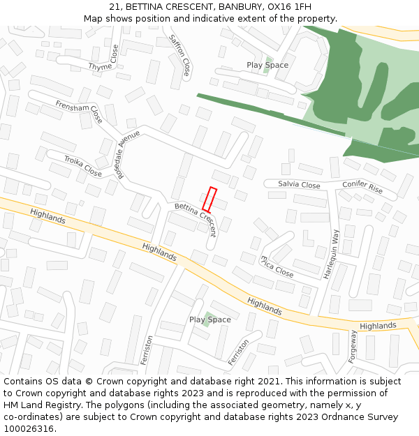 21, BETTINA CRESCENT, BANBURY, OX16 1FH: Location map and indicative extent of plot