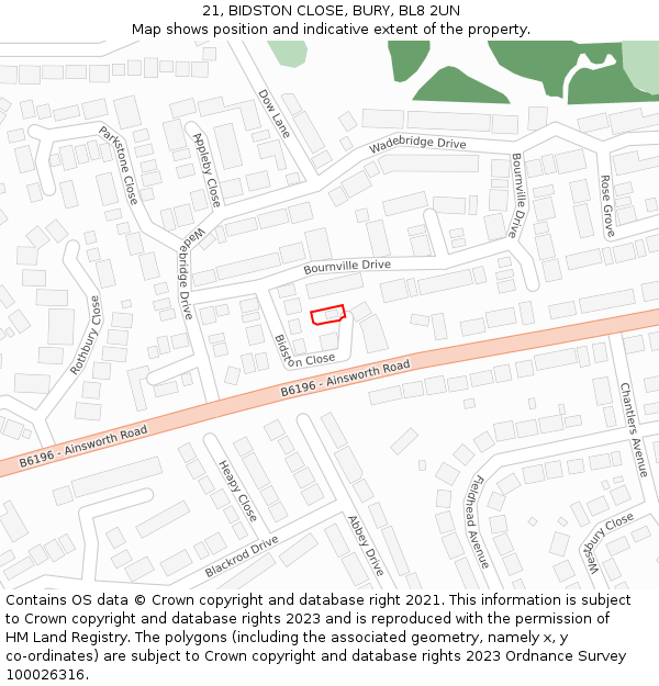 21, BIDSTON CLOSE, BURY, BL8 2UN: Location map and indicative extent of plot