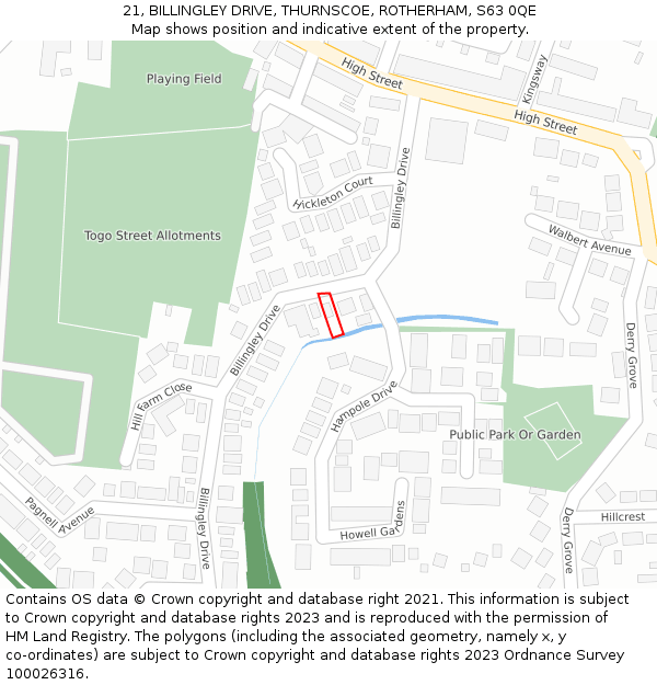 21, BILLINGLEY DRIVE, THURNSCOE, ROTHERHAM, S63 0QE: Location map and indicative extent of plot