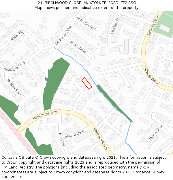 21, BIRCHWOOD CLOSE, MUXTON, TELFORD, TF2 8SG: Location map and indicative extent of plot