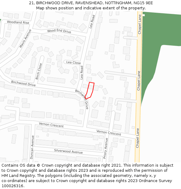 21, BIRCHWOOD DRIVE, RAVENSHEAD, NOTTINGHAM, NG15 9EE: Location map and indicative extent of plot