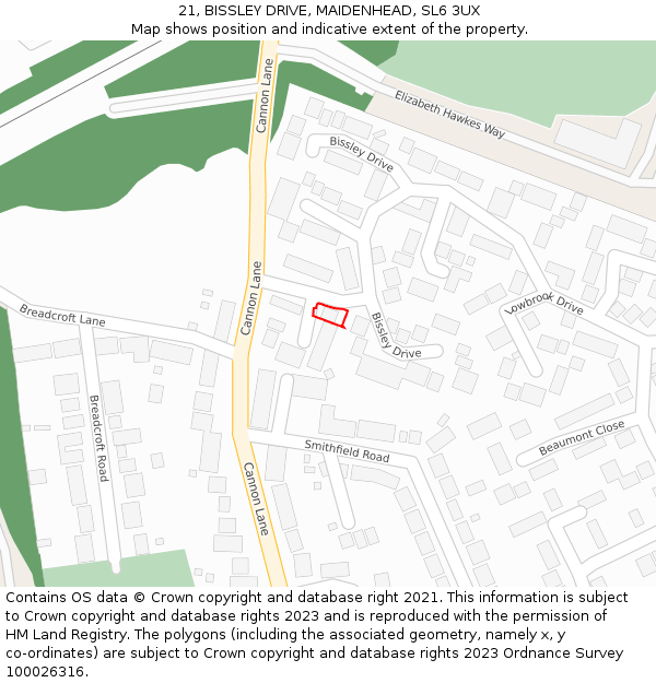 21, BISSLEY DRIVE, MAIDENHEAD, SL6 3UX: Location map and indicative extent of plot
