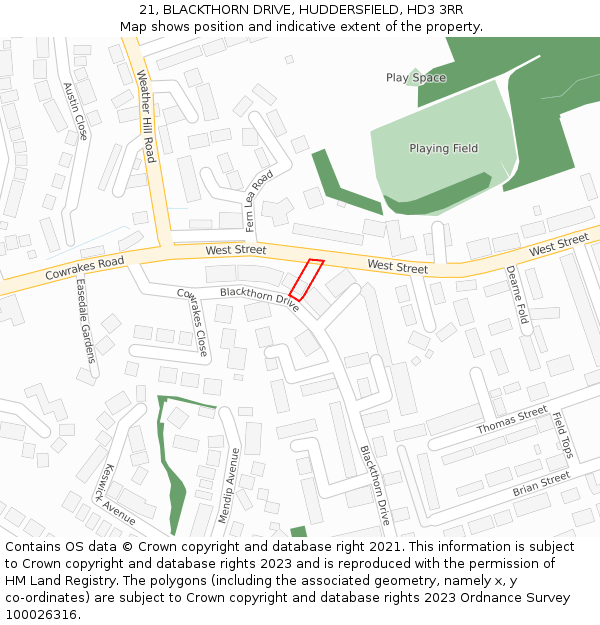 21, BLACKTHORN DRIVE, HUDDERSFIELD, HD3 3RR: Location map and indicative extent of plot