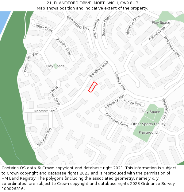 21, BLANDFORD DRIVE, NORTHWICH, CW9 8UB: Location map and indicative extent of plot