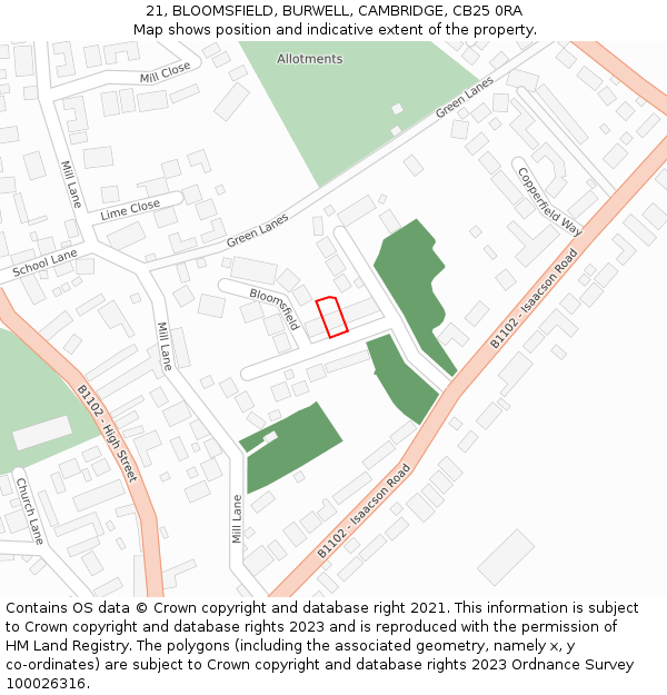 21, BLOOMSFIELD, BURWELL, CAMBRIDGE, CB25 0RA: Location map and indicative extent of plot