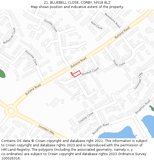 21, BLUEBELL CLOSE, CORBY, NN18 8LZ: Location map and indicative extent of plot