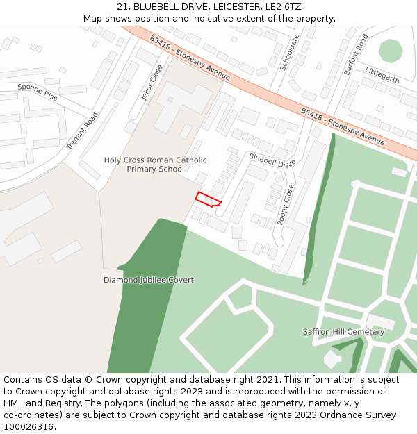 21, BLUEBELL DRIVE, LEICESTER, LE2 6TZ: Location map and indicative extent of plot