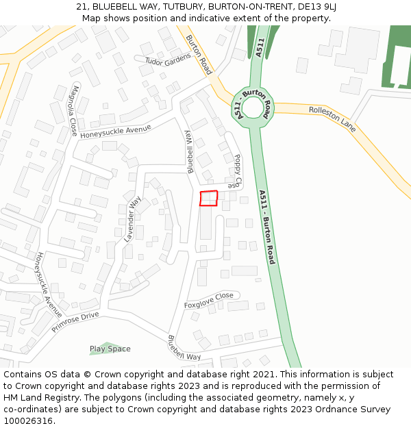 21, BLUEBELL WAY, TUTBURY, BURTON-ON-TRENT, DE13 9LJ: Location map and indicative extent of plot
