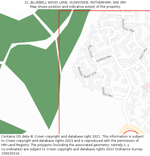 21, BLUEBELL WOOD LANE, SUNNYSIDE, ROTHERHAM, S66 3RX: Location map and indicative extent of plot