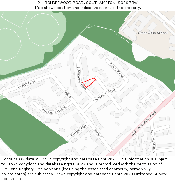 21, BOLDREWOOD ROAD, SOUTHAMPTON, SO16 7BW: Location map and indicative extent of plot