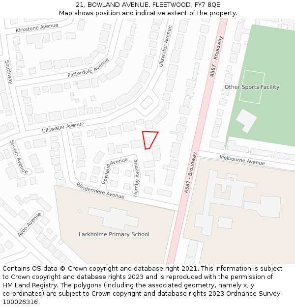 21, BOWLAND AVENUE, FLEETWOOD, FY7 8QE: Location map and indicative extent of plot