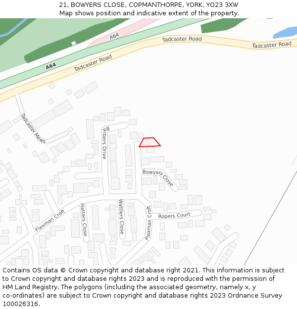 21, BOWYERS CLOSE, COPMANTHORPE, YORK, YO23 3XW: Location map and indicative extent of plot