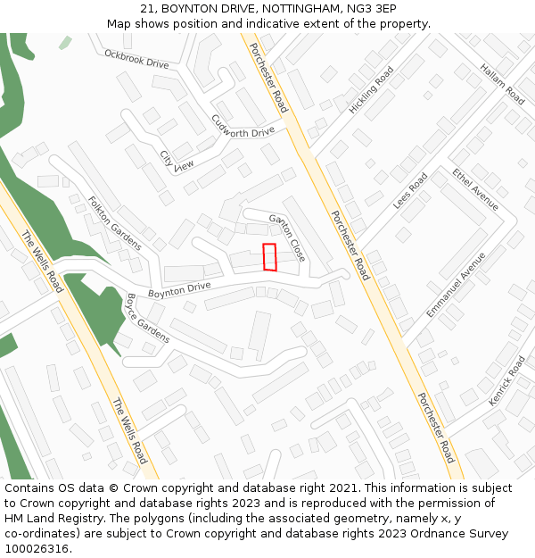 21, BOYNTON DRIVE, NOTTINGHAM, NG3 3EP: Location map and indicative extent of plot
