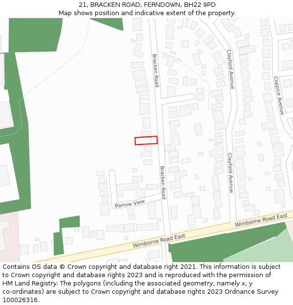 21, BRACKEN ROAD, FERNDOWN, BH22 9PD: Location map and indicative extent of plot