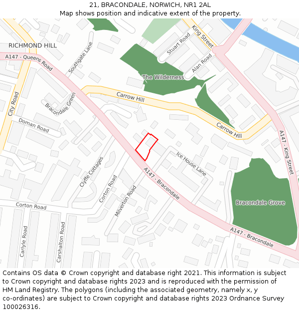 21, BRACONDALE, NORWICH, NR1 2AL: Location map and indicative extent of plot