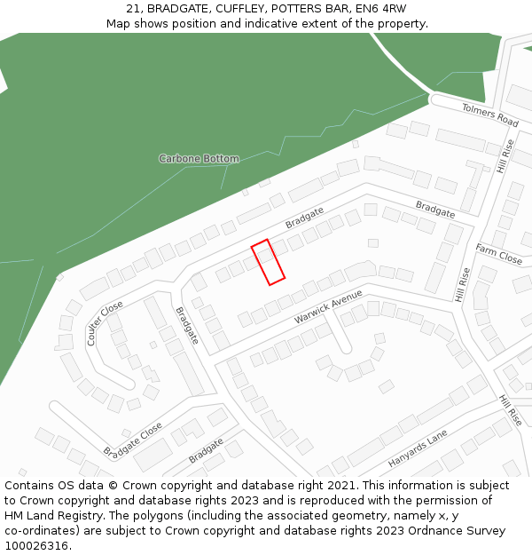 21, BRADGATE, CUFFLEY, POTTERS BAR, EN6 4RW: Location map and indicative extent of plot