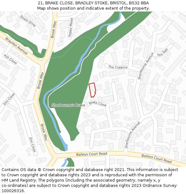 21, BRAKE CLOSE, BRADLEY STOKE, BRISTOL, BS32 8BA: Location map and indicative extent of plot