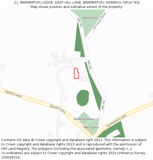21, BRAMERTON LODGE, EAST HILL LANE, BRAMERTON, NORWICH, NR14 7EQ: Location map and indicative extent of plot