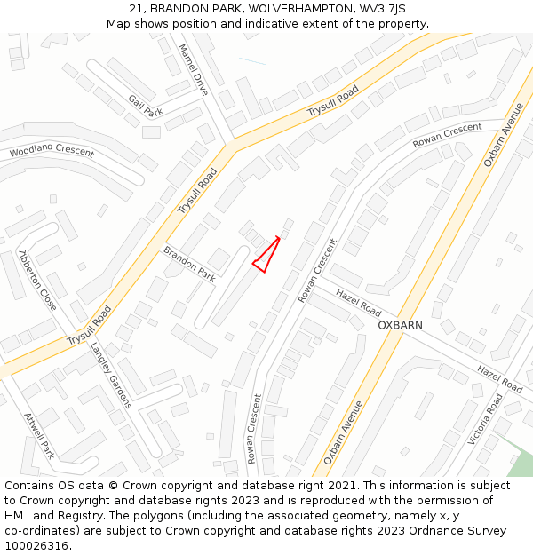 21, BRANDON PARK, WOLVERHAMPTON, WV3 7JS: Location map and indicative extent of plot