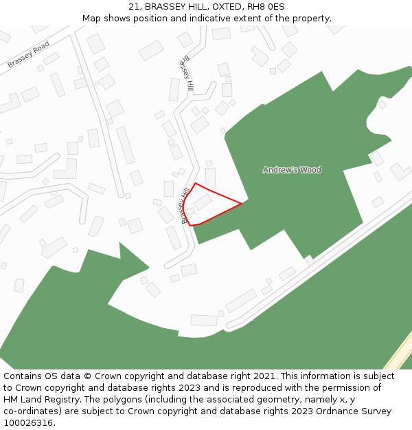 21, BRASSEY HILL, OXTED, RH8 0ES: Location map and indicative extent of plot