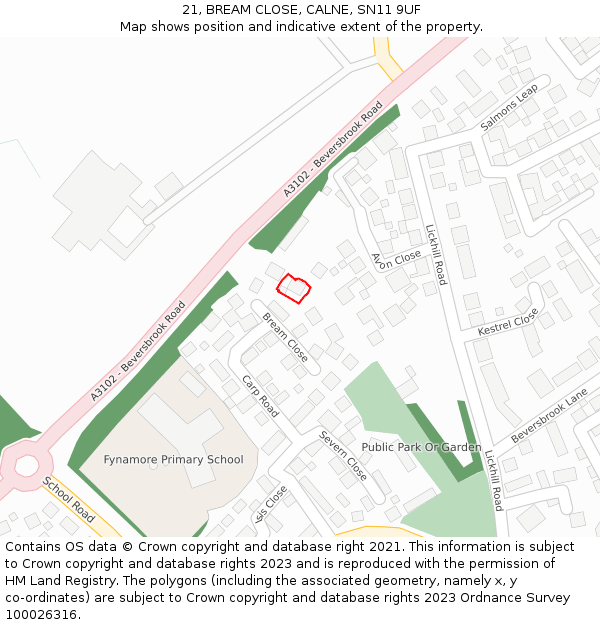 21, BREAM CLOSE, CALNE, SN11 9UF: Location map and indicative extent of plot